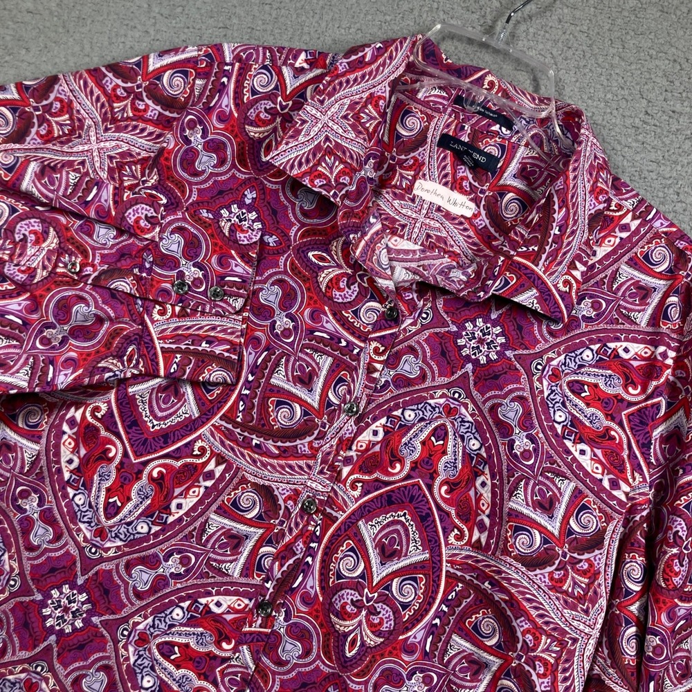 Lands' End Button Up Shirt Women 26W Pink Paisley No Iron Supima Cotton Long Slv